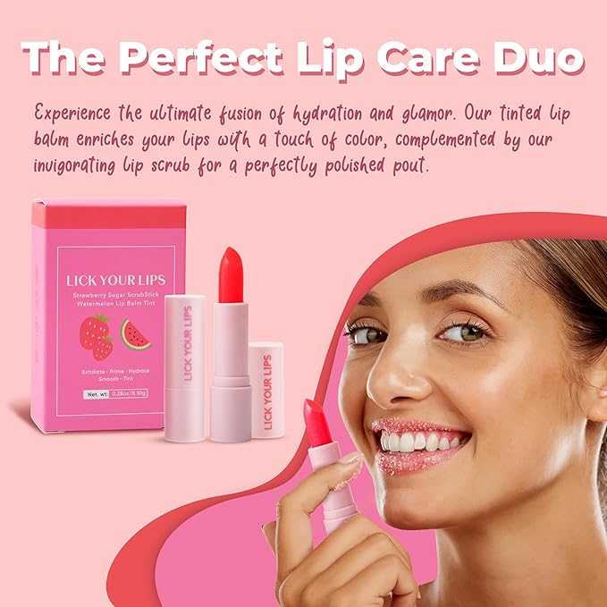 Watermelon Tinted Lip Balm and Strawberry Sugar Lip Scrub Stick Duo - Lip Scrubber Exfoliator helps Lip Repair, Deep Hydration, and a Soft, Radiant Pout 8.10g