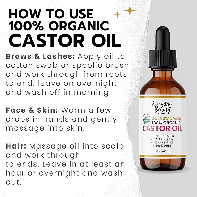 100% Organic Castor Oil - Gold Standard 100% Pure Certified USDA Organic in Glass Bottle & Glass Dropper, Cold Pressed & Hexane-Free, For Lashes, Brows, Hair, Skin & Wellness Packs -2oz