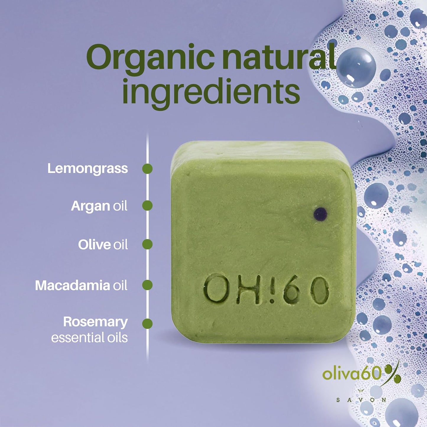 Shampoo Bar Lemongrass Rosemary - Olive, Argan, Macadamia Oil | Sulfate & Paraben Free | Organic Natural Hair Care | 3.5 oz | Shampoo for Oily Hair | No Plastic Waste | OLIVA 60