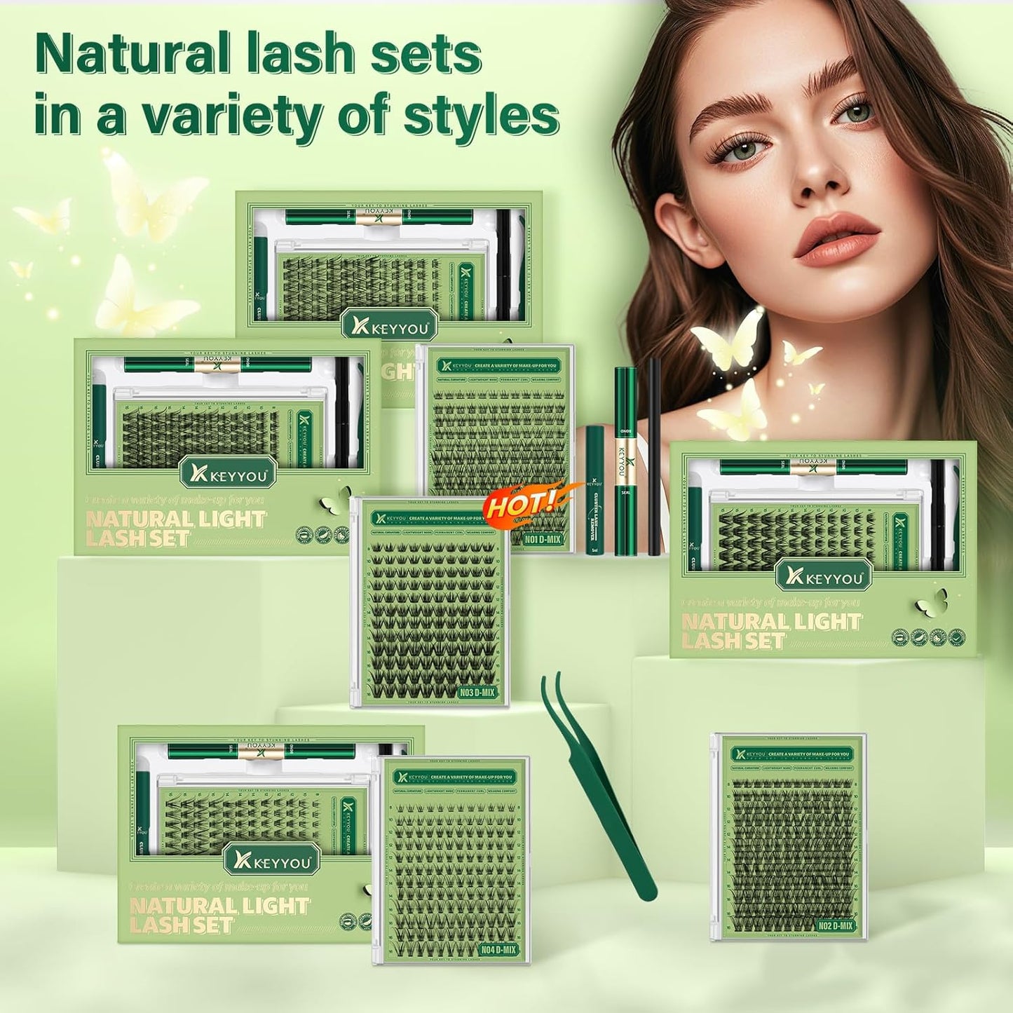 Natural Lash Clusters Kit 144Pcs DIY Lash Extension Kit Wispy Eyelash Extensions Kit D Curl 8-18MIX with Bond and Seal and tweezers with Thin Lash Band by KEYYOU（KIT-N02-D-8-18MIX）
