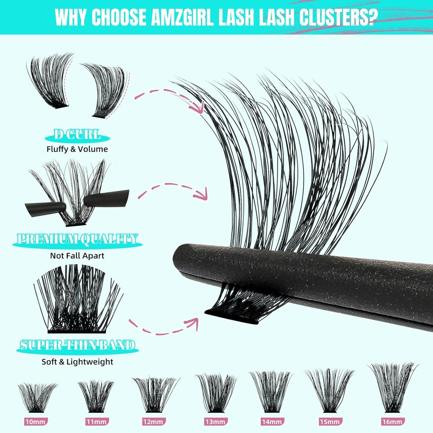 Lash Clusters Kit 320Pcs, 80D DIY Individual Eyelashes Extension With Bond, Seal, Remover, Applicator Tool for False Cluster At Home (D-Mix10-16mm)