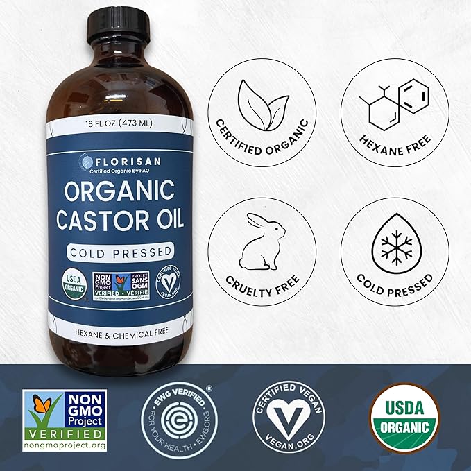 Florisan Organic Castor Oil, EWG Verified & USDA Organic Certified, 16oz, Cold-Pressed, Hexane-Free, Non-GMO, For Hair, Skin, Lashes, Brows, 100% Pure Castor Oil