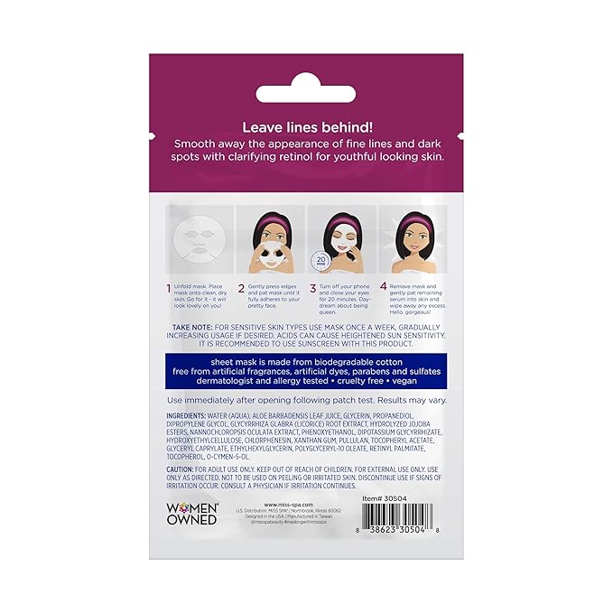 Miss Spa Anti-Aging Facial Sheet Mask, 4 Pack, Smooths Appearance of Fine Lines and Dark Spots, Hydrating and Revives Skin