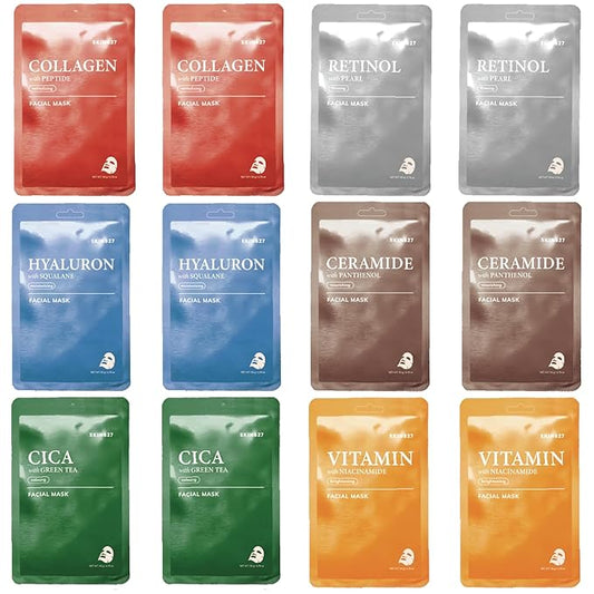 SKIN627 Bulk 12PK Face Masks Skincare, Korean Skincare, Facial Mask, Sheet Masks Korean (12PK Assortment Pack)