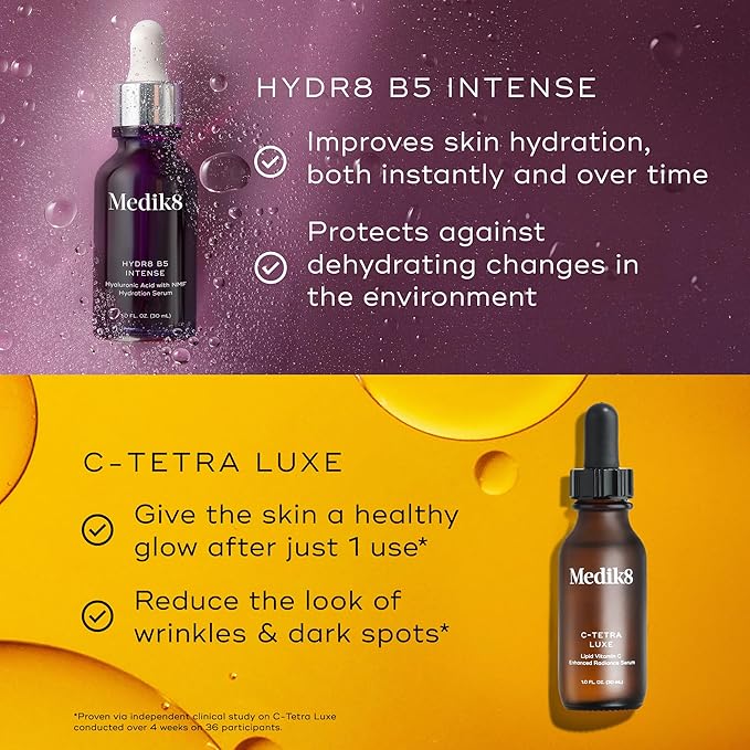 Medik8 Morning Duo - Hydr8 B5 Intense, C-Tetra Luxe - Daily Vitamin C Serum - Intensive Hydration Hyaluronic Acid Serum - 2 pc