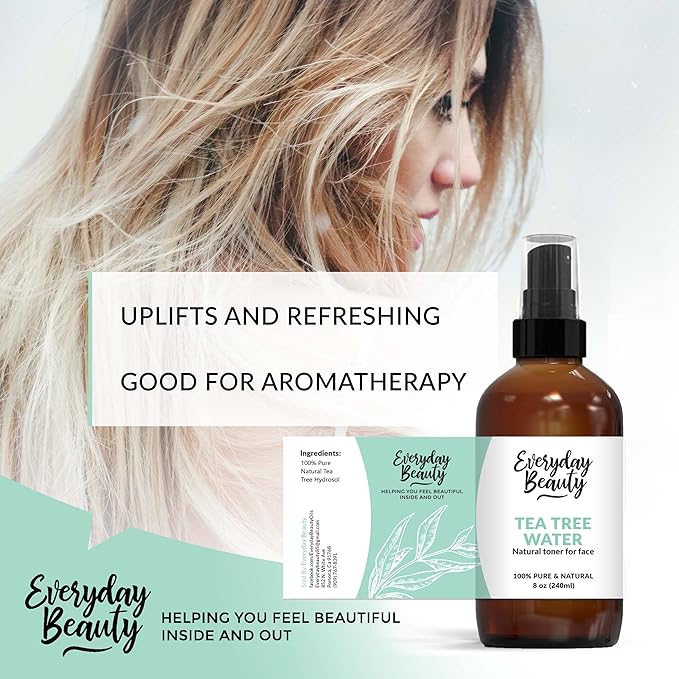 Tea Tree Water Facial Toner - All Natural Hydrating Spray Mist for Face and Hair - 100% All Natural Tea Tree Water Hydrosol 8oz with Fine Mist Cap