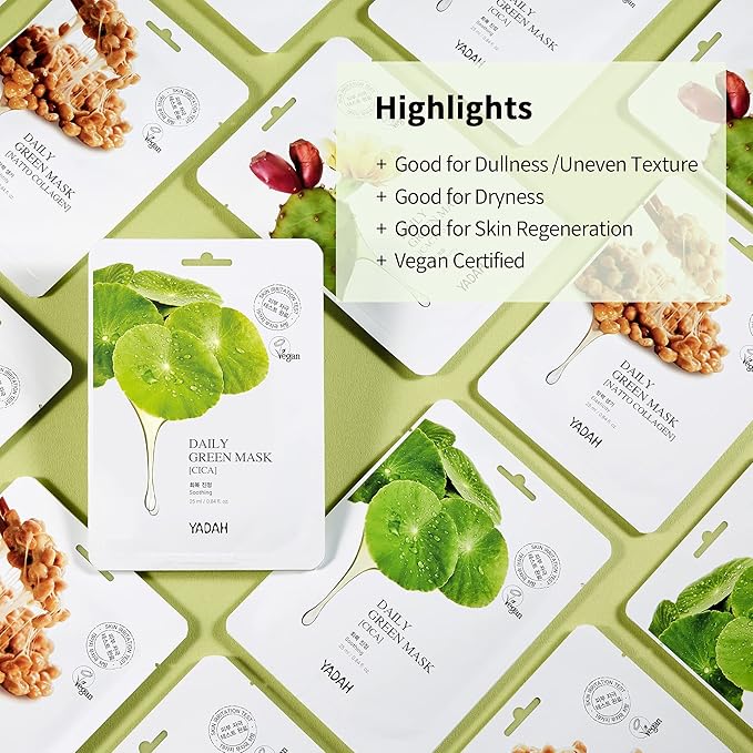 YADAH Daily Green Facial Sheet Mask, Cactus, Pack of 5 – Vegan for Skin Soothing