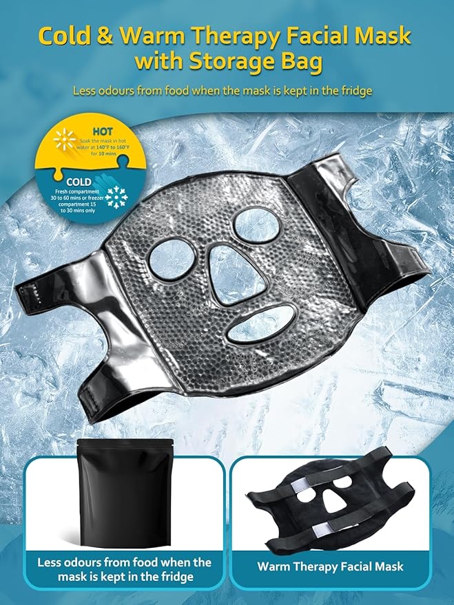 Ice Mask Frozen Rubber Ice Face Masks Puffy Eye Face Depuffer Black Cold Cooling after Surgery Freezable Chill Ice Pack Full Face Mask Facial Skin Cool Care Women Men Beauty Tool