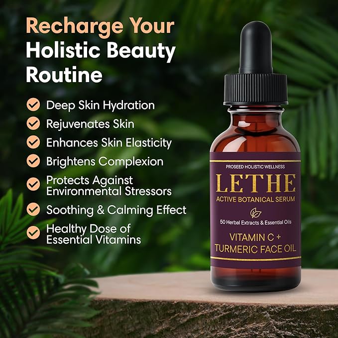 LETHE Vegan Botanical Face Serum – Vitamin C & 50 Natural Extracts & Essential Oils – Improves Skin Tone, Firmness & Smoothness – Natural Skincare for Dark Spots & Uneven Skin Tone – 1oz