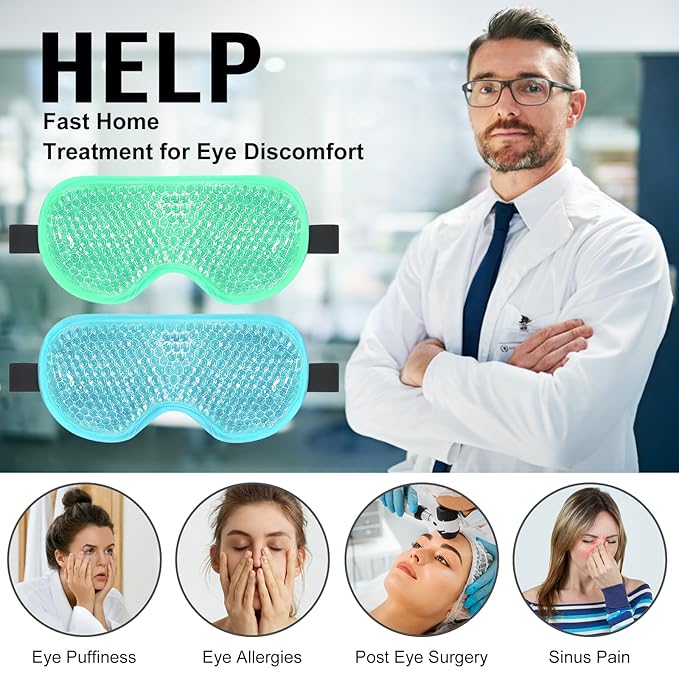 BeeVines Gel Eye Mask, 2 Pack Cooling Ice Masks for Puffy Eyes for Men & Women, Cold & Warm Compress for Post Surgery, Puffiness, Allergies, Sinuses & Migraines Treatment(Blue & Green)