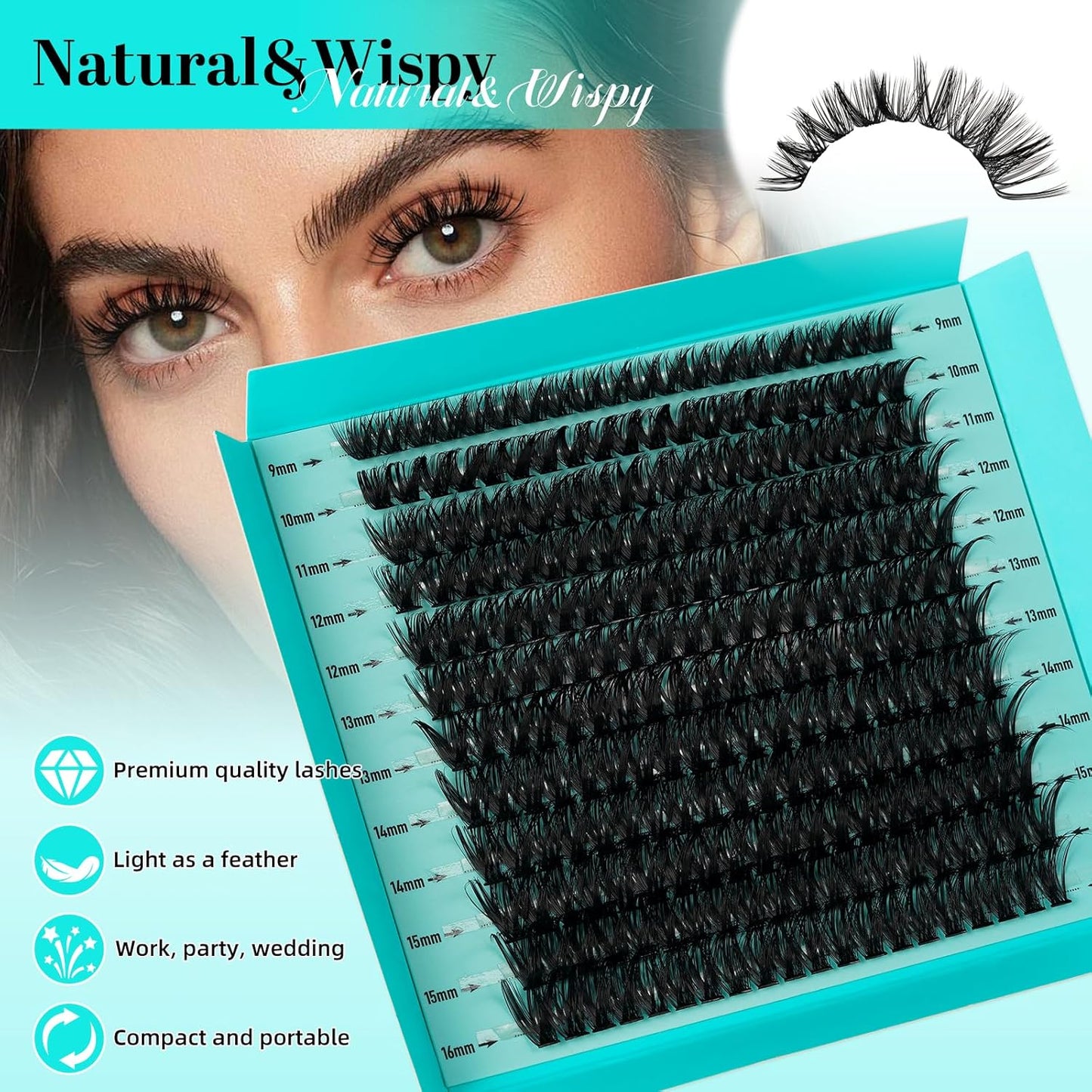 Lash Clusters 240pcs Eyelashes Cluster Individual Wispy Lashes Thin Band for D Curl Lash Extension Eyelashes for Beginners at Home,False Eyelashes Soft Eyelash Clusters(60D,D-Mix9-16mm)