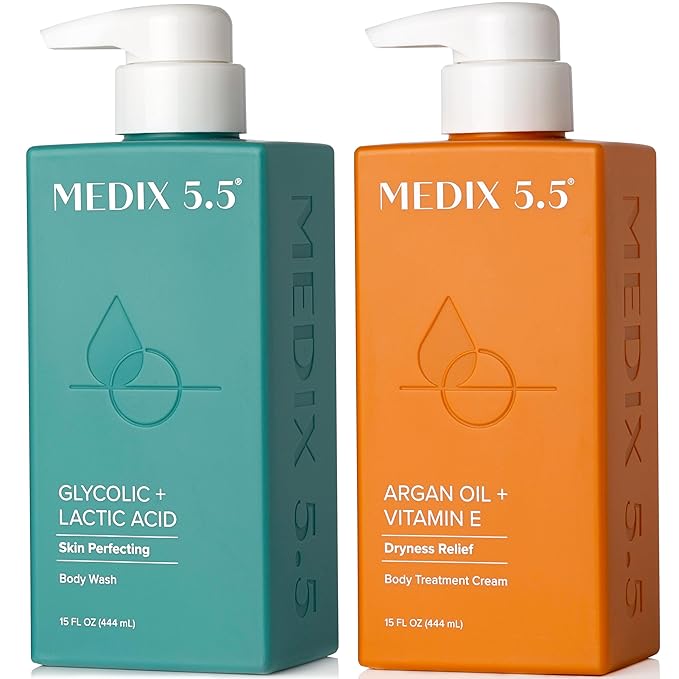 Medix 5.5 Glycolic Acid Exfoliating Face & Body Wash Cleanser + Argan Oil Moisturizing Body Cream Lotion 2PC Skin Care Set | Alpha Hydroxy Acid & Lactic Acid Foaming Face Wash, 2PC Set