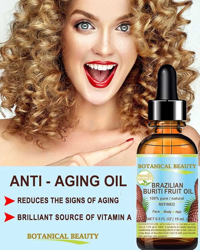 Botanical Beauty Brazilian BURITI FRUIT OIL 100% Pure Natural Refined Cold Pressed Carrier Oil Undiluted 1 fl.oz- 30 ml for Face, Skin, Body, Hair, Nails