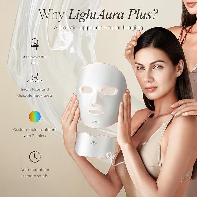 LightAura Plus LED Light Therapy Mask by Project E Beauty | LED Face & Neck Mask | Skin Rejuvenation | 7 Colors | Anti Aging | Reduce Wrinkles | Anti-inflammation | Brightening Skincare Mask