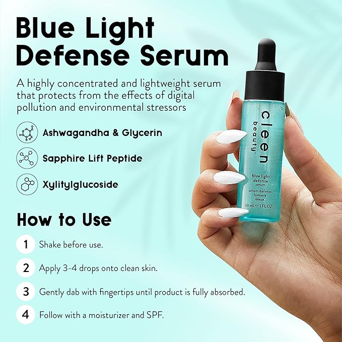 Cleen Beauty Everyday Essentials Skin Care Set | Blue Light Defense Serum + Cooling Eggplant Eye Balm + Rosehip Jelly Face Cleanser + Fragrance Free Face Wipes + Bakuchiol Antioxidant Renewing Serum