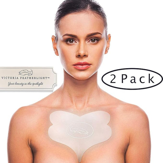 (2 Pads) Victoria Featherlight - Chest Pads For Decollete, Chest Wrinkles Prevention, Silicone Wrinkle Pad (The original design, clear color instead of blue)