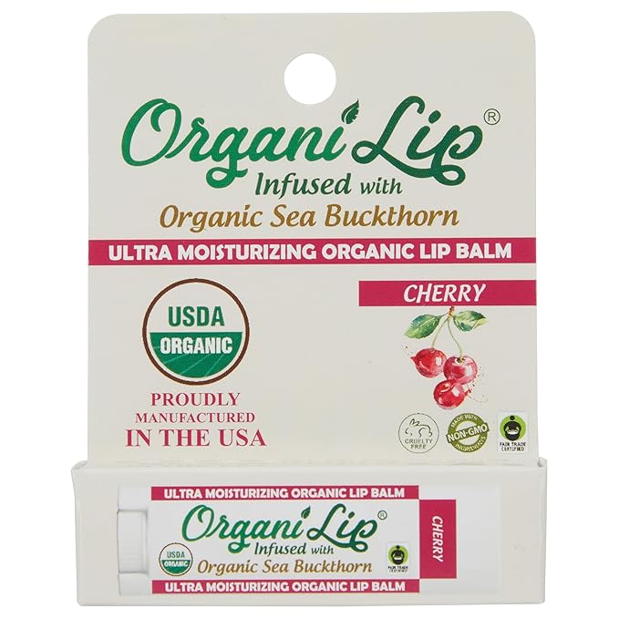 OrganiLip Organic Lip Balm, Cherry Flavor, Ultra Hydrating Lip Moisturizer for Cracked or Dry Lips, Infused With Organic Sea Buckthorn, Oval Shaped Tube, USDA Certified Organic, 1 Pack