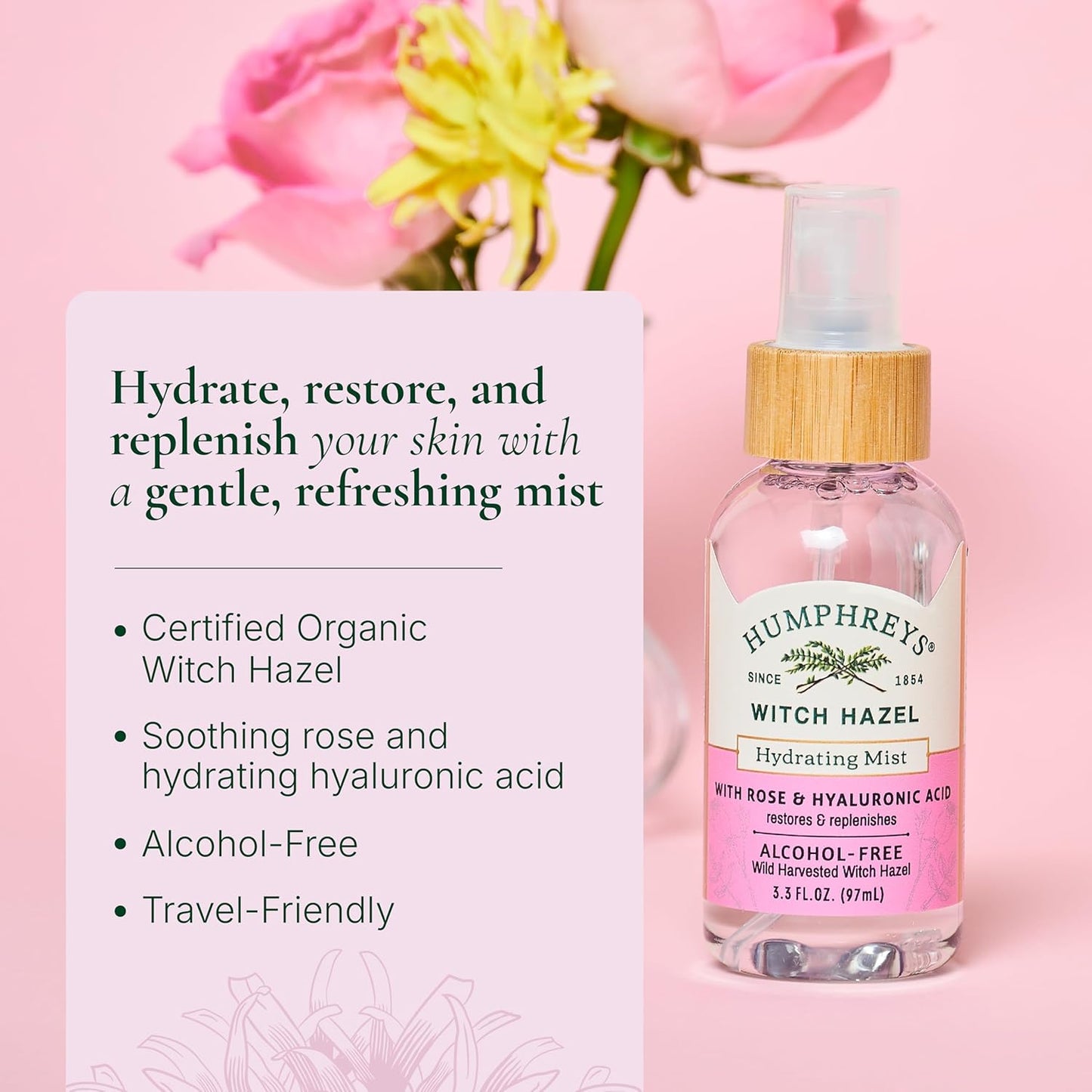Humphreys Witch Hazel Hydrating Toner Mist Spray | Balancing & Hydrating Facial Toner | Alcohol-Free | Wild Harvested Witch Hazel | Soothing Rose Water | 3.3 Fl Oz Travel Size | Vegan & Cruelty-Free