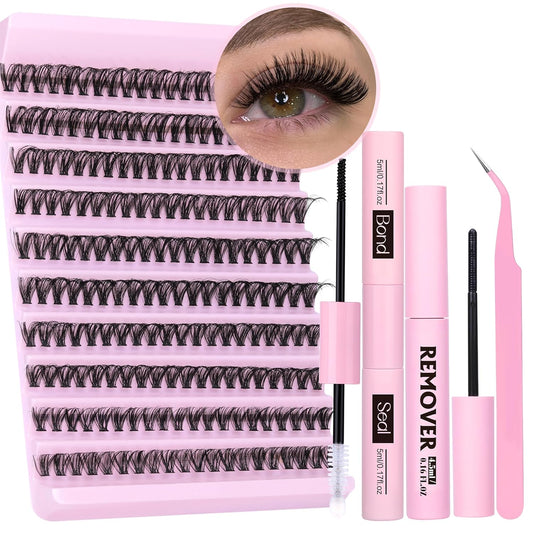 DIY Lash Extension Kit Individual Eyelash Extension Kit 200Pcs Cluster Lashes Kit Eyelash Extension Clusters with Bond,Seal and Lash Extension Remover Lash Tweezers at Home by TNFVLONEINS (Kit,40D)