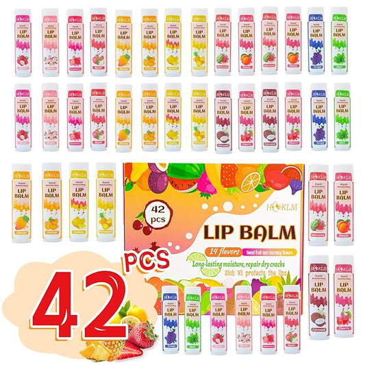 42 Pack Lip Balm, Natural Lip Balm Bulk with Shea butter, Vitamin E and Coconut Oil, Moisturizing for Chapped Lips, best lip care, Suitable for people of all ages - 14 flavors 0.15 Oz