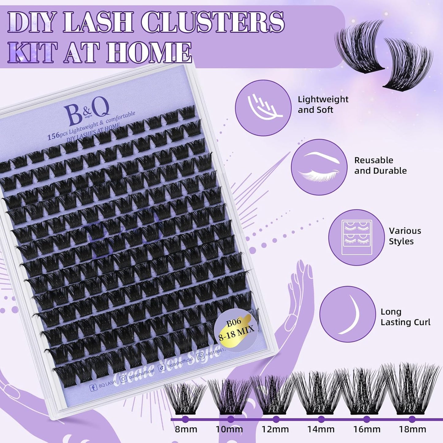 Lash Extension Kit B06 Eyelash Extension Kit B&Qaugen DIY Lash Extension Kit 156 PCS Lash Clusters 8-18mm Cluster Eyelash Extensions Kit with Lash Bond and Seal Lash Applicator Tool (Kit,B06)