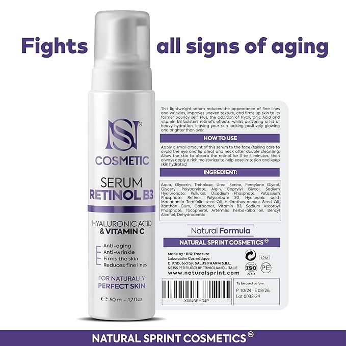 Anti-Aging Face Serum. Hyaluronic Acid, Vitamin C, Retinol, Vitamin B3 1,7 fl.oz (50ml) Firms the Skin and Reduces fine lines Wrinkles, deep and lasting hyper-hydratation