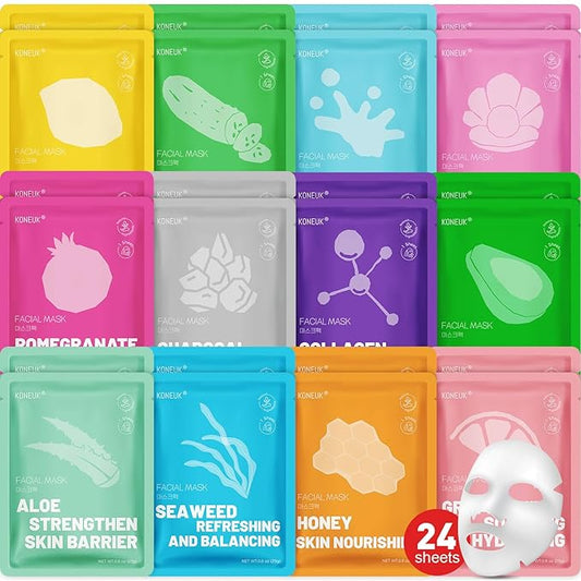 24 Pack Sheet Hydrating Face Masks Skincare, Soothing & Moisturizing Face Mask for All Skin Types, Bulk Collagen Face Mask for Women Skin Care, Facial Masks Set Spa Gifts for Women