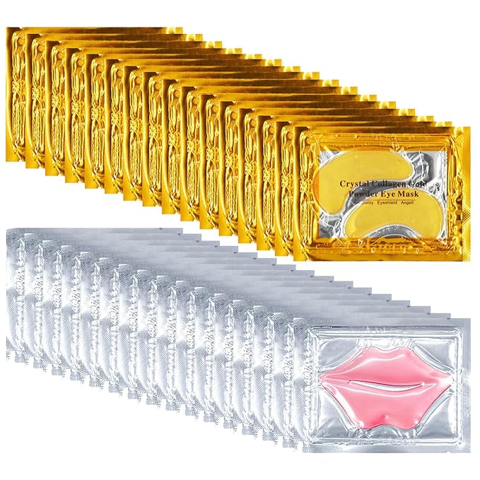 32 Pairs Lip Masks with Eye Mask, 24K Collagen Under Eye Patches for Dark Circles and Puffy Eyes, Reduce Lip Wrinkles, Anti Chapped & Remove Lip Dead Skin, Nourishes the Lip & Eye Skin (32)