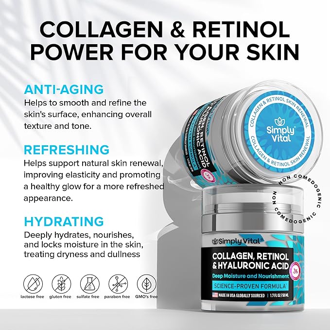SimplyVital Collagen Face Moisturizer - Anti-Aging Retinol Cream for Face, Neck & Décolleté with Hyaluronic Acid - Made in USA, Daily Moisturizer Face Cream, 2-Pack