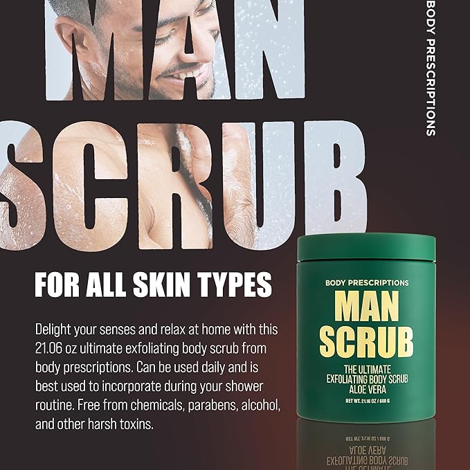 Body Prescriptions Men’s Exfoliating Body Scrub – Ultimate Skin Cleansing Wash in Jar with Twist-Top Lid, For All Skin Types, 21 Ounce (Pack of 4), Aloe Vera