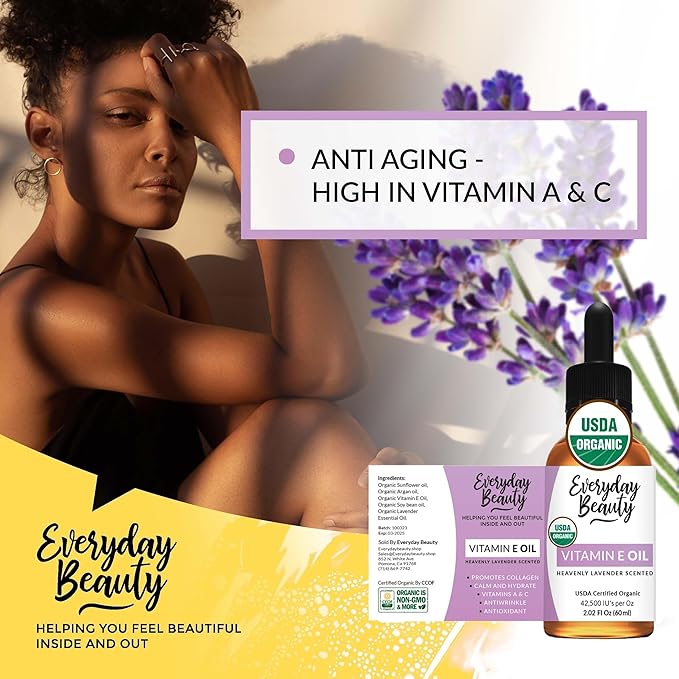 Organic Vitamin E Oil - Heavenly Lavender Scented USDA Certified 100% All Natural Plant Based 2.02 Fl Oz Glass Bottle & Dropper - Lightweight and Great for Scars After Surgery - For Face, Skin & Nails