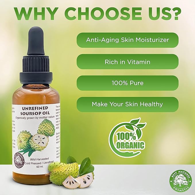 Best Nature's Cosmetics Virgin Soursop Graviola Guanabana Oil (Organic, Undiluted, Cold Pressed, Unrefined) 1 oz / 30 ml – Natural Moisturizer for Dry and Damaged Skin.