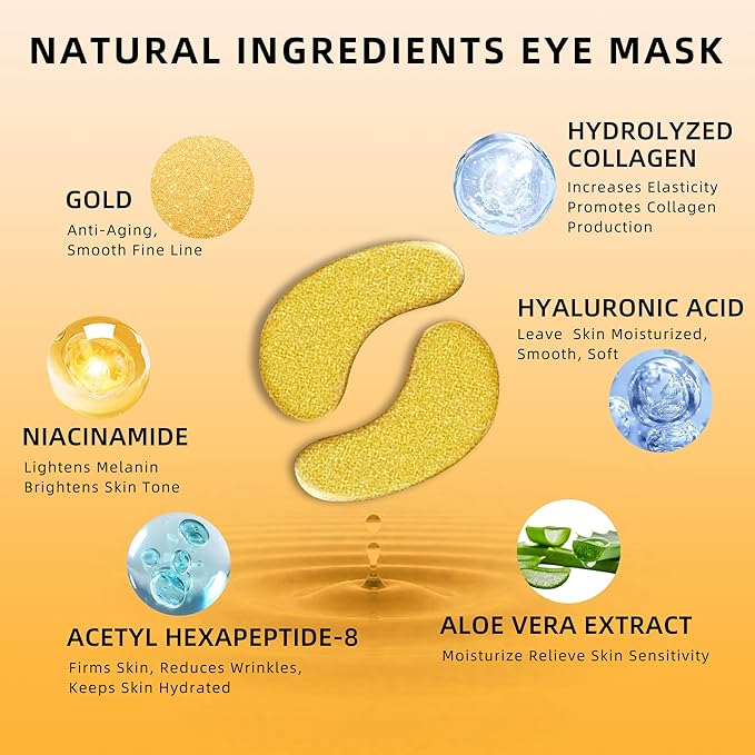 Golden Eye Mask 20 (pair), Collagen Eye Mask with Sodium Hyaluronate for Dark Circles, Bags, Wrinkles and Puffiness Eye Gels, Under Eye Patches for Both Men and Women.