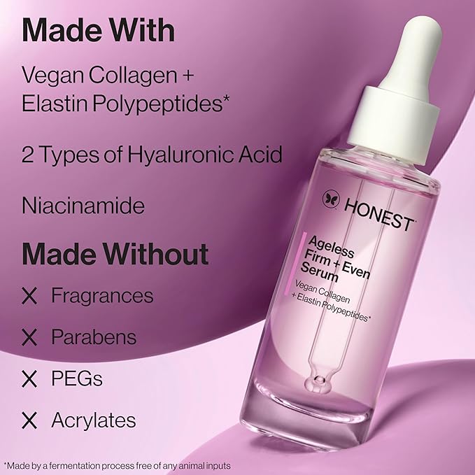 Honest Beauty Ageless Firm and Even Serum | Powered by Vegan Collagen and Elastin Polypeptides | Firmer-Looking Skin and Even Tone | Fragrance Free, EWG Verified, Vegan, Cruelty-Free | 1 fl oz