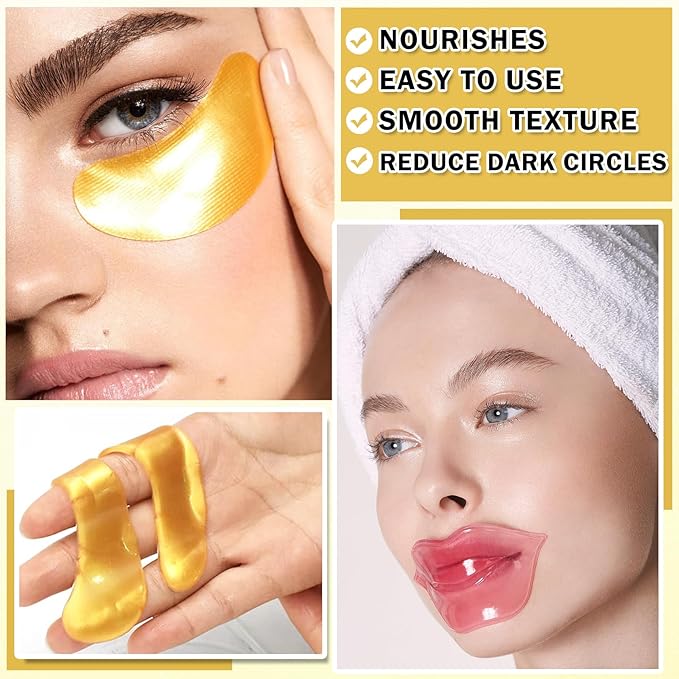 30PCS Lip Mask & Under Eye Mask Pink Lip Masks 24k Gold Eye Mask Patches for Puffy Eyes Effectively Moisturizing Lip & Eye Skin Reducing Fine Lines & Dark Circle