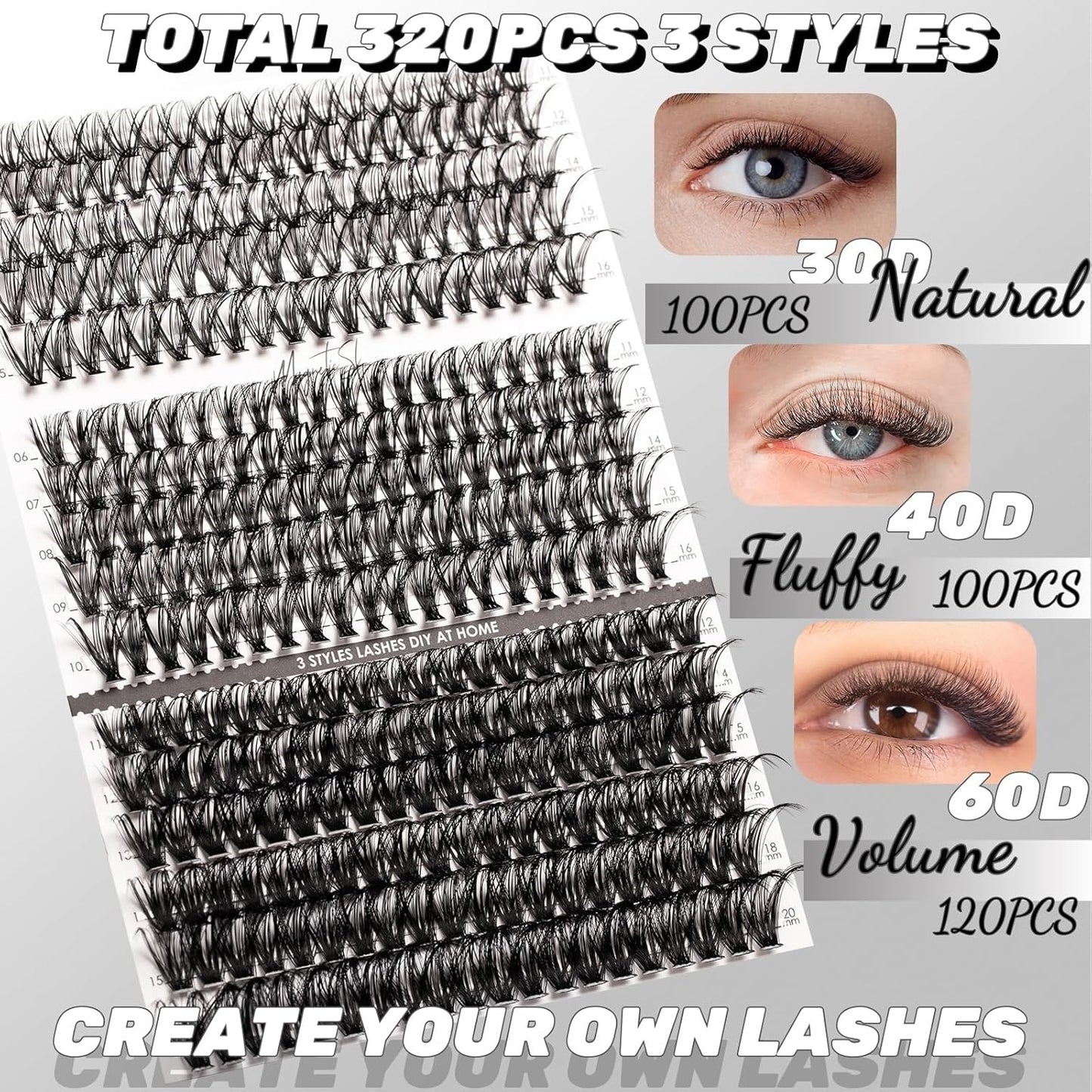 DIY Lash Extensions Kit 320pcs Individual Lashes Clusters 30D 40D 60D D Curl Eyelash Extension Kit with Applicator and Lash Bond&Seal, Lash Remover For False Eyelash Mix 11-20mm (30D+40D+60D KIT)