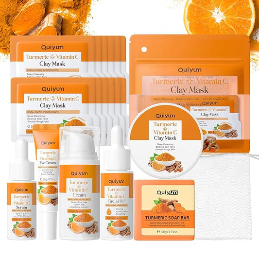 Skin Care Set, Turmeric Vitamin C Beauty Gift Sets, Skincare Kit with Serum, Eye Cream, Cream, 2 Type Mud Mask, Soap, Facial Oil Travel Kit for Women Teens Girls, Improve Dark Spot, Reduce Acne