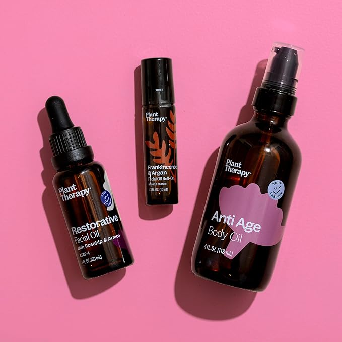 Plant Therapy Anti Age Bundle Including Frankincense & Argan Facial Oil Roll-On (10 mL), Restorative Facial Oil (30 mL), & Anti Age Body Oil (4 oz)