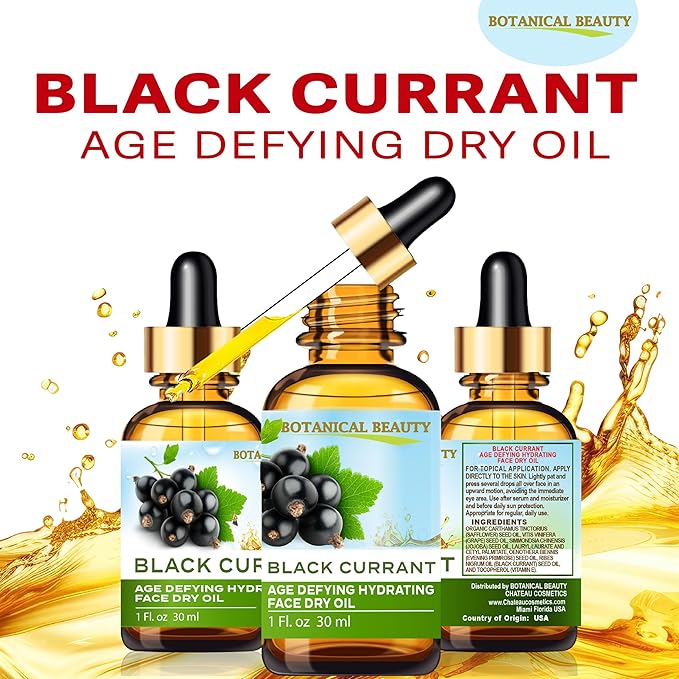 Botanical Beauty BLACK CURRANT AGE DEFYING FACE DRY OIL 100% Natural. Black Currant Oil, Evening Primrose, Grape Seed, Jojoba, Organic Safflower, Vitamin E. Face Moisturizer, Rejuvenate, Anti-aging
