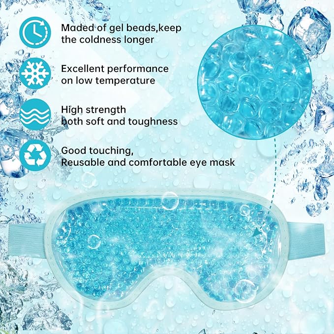 2 PCS Reusable Ice Eye Mask - Hot Cold Therapy Gel Bead for Puffiness, Dark Circles, Bags, Dry Eyes, Headaches, Migraines, Stress Relief - Cooling Ice Pack (Blue)