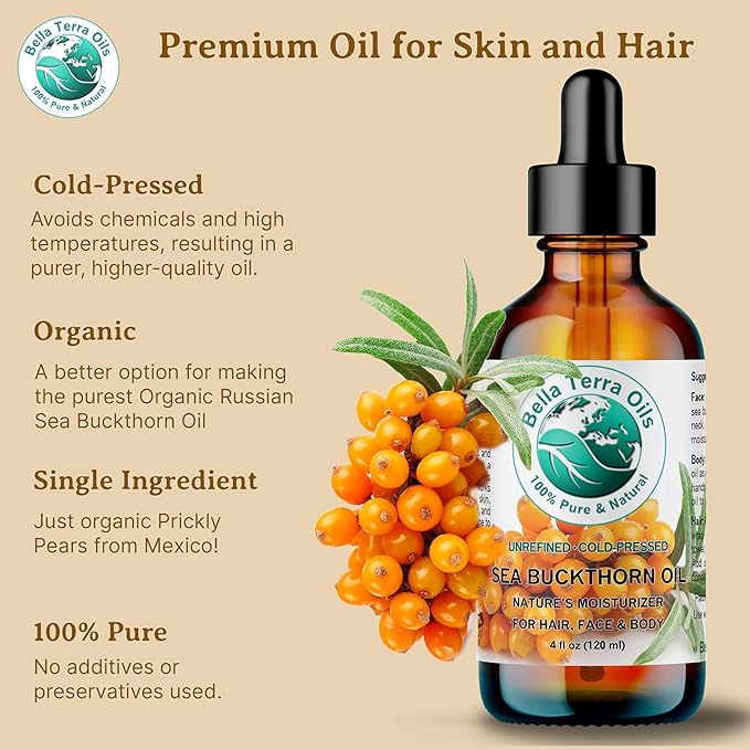 Bella Terra Oils - Sea Buckthorn Oil 16 oz - Capturing the Essence of Organic Sea Buckthorn Berries, Loaded with Omega-7 & Omega-9, A Sumptuous Embrace for Skin