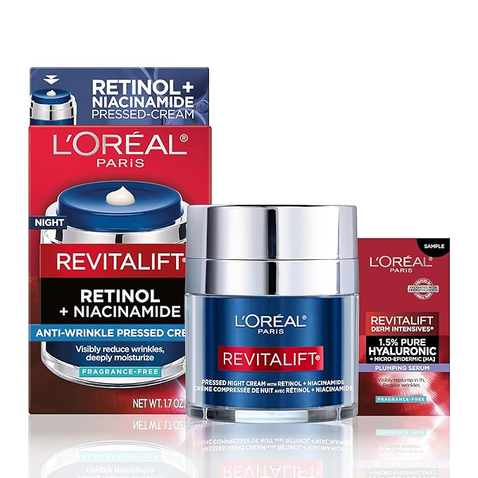 L'Oreal Paris Revitalift Pressed Night Cream, Retinol + Niacinamide, Reduces Wrinkles, Fragrance Free, 1.7 oz + Serum Sample