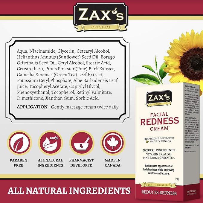 Zax's Facial Redness Diminishing Cream, Rapid Relief for Rosacea, Windburn & Dehydrated Skin, Intensive Moisturizing with Organic Natural Ingredients, Pharmacist Developed, 28g