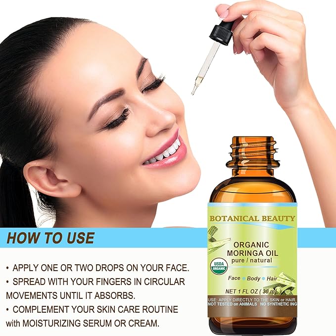Botanical Beauty‎ Organic Moringa Oil 100% Pure Natural Undiluted 1 Fl.oz.- 30 ml. for Face Skin, Hair, Lips, Body, Nails Rich in Vitamin C, Vitamin E