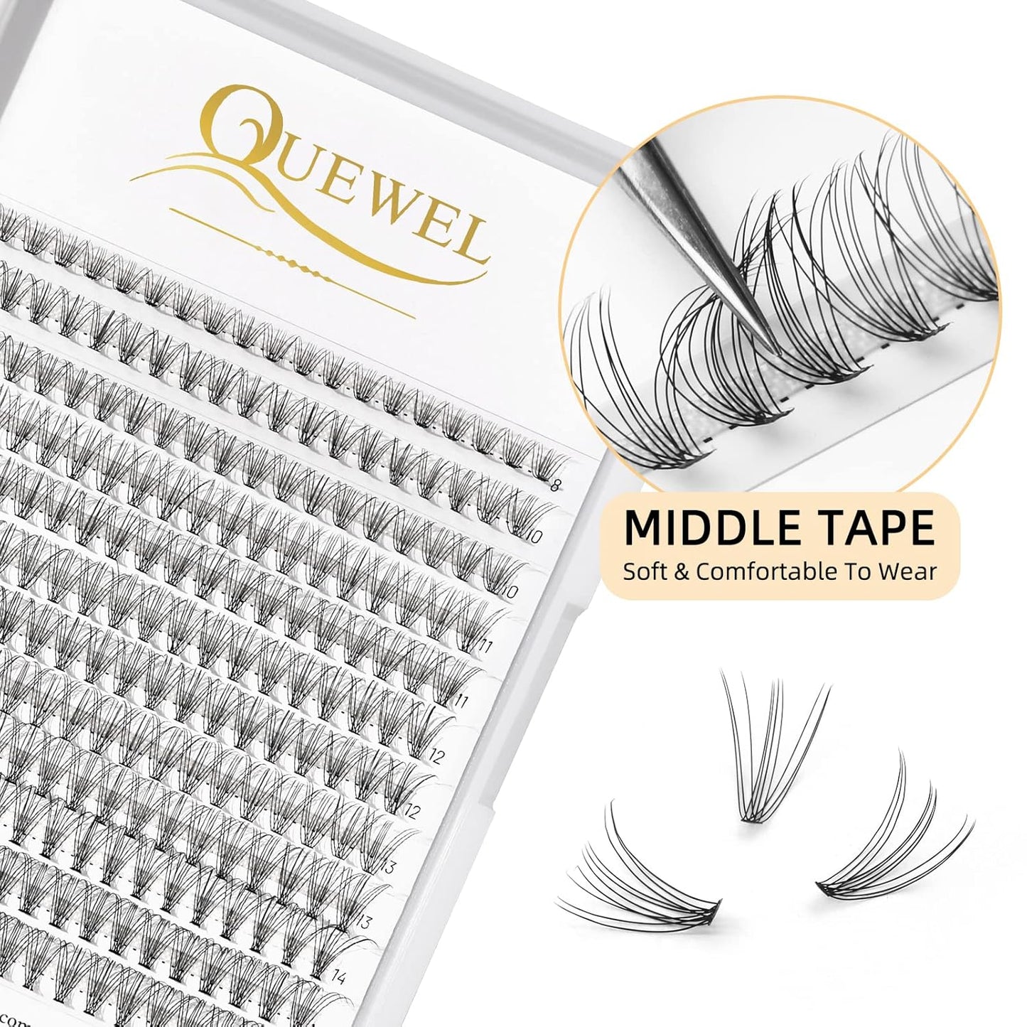 QUEWEL Lash Clusters 240Pcs Cluster Lashes 10D 0.10D Curl Mix8-14mm Individual Lashes Soft&Comfortable DIY Eyelash Extension at Home(10D 0.10D MIX8-14)