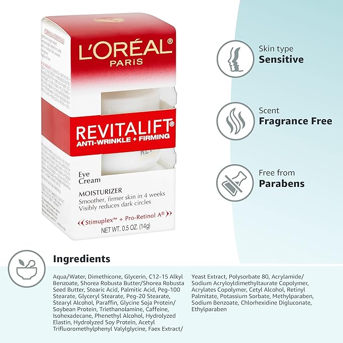 L'Oreal Paris Skincare Revitalift Anti-Wrinkle and Firming Eye Cream with Pro Retinol, Treatment to Reduce Dark Circles, Fragrance Free, 0.5 oz.
