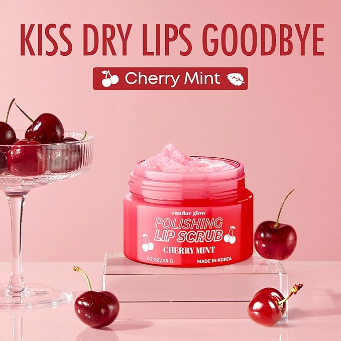 Cherry Mint Lip Scrub - Dermatologist Tested, Anti-Aging, Korean Skin Care, Deep Exfoliation & Hydration - Smooth, Soft, Plump Lips - Clean Beauty, Vegan, Non-GMO - 1 Pack