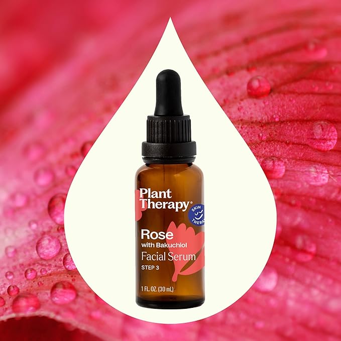 Plant Therapy Rose with Bakuchiol Facial Serum 1 oz with Rose Extract, Rosehip Seed Oil, and Carrot Seed Oil, Reduces the Appearance of Fine Lines & Wrinkles