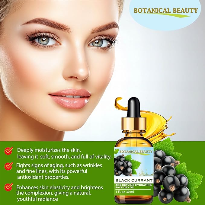 Botanical Beauty BLACK CURRANT AGE DEFYING FACE DRY OIL 100% Natural. Black Currant Oil, Evening Primrose, Grape Seed, Jojoba, Organic Safflower, Vitamin E. Face Moisturizer, Rejuvenate, Anti-aging