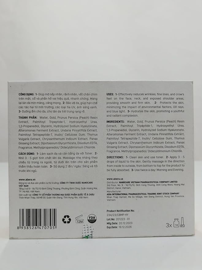 ABERA Gold Anti-Wrinkle Ampoule, Anti-Aging Serum For All Skin Type with Peach Extract and Hyaluronic Acid, Skin Firming & Firming Serum, Hydrating Serum (1 Ampoule)